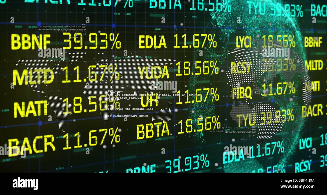 Gepunktete Weltkarte, die links auf dem Finanzbildschirm schwebt, mit 3D-Partikelkugel und gelben zyanfarbenen Tickerlinien Stockfoto