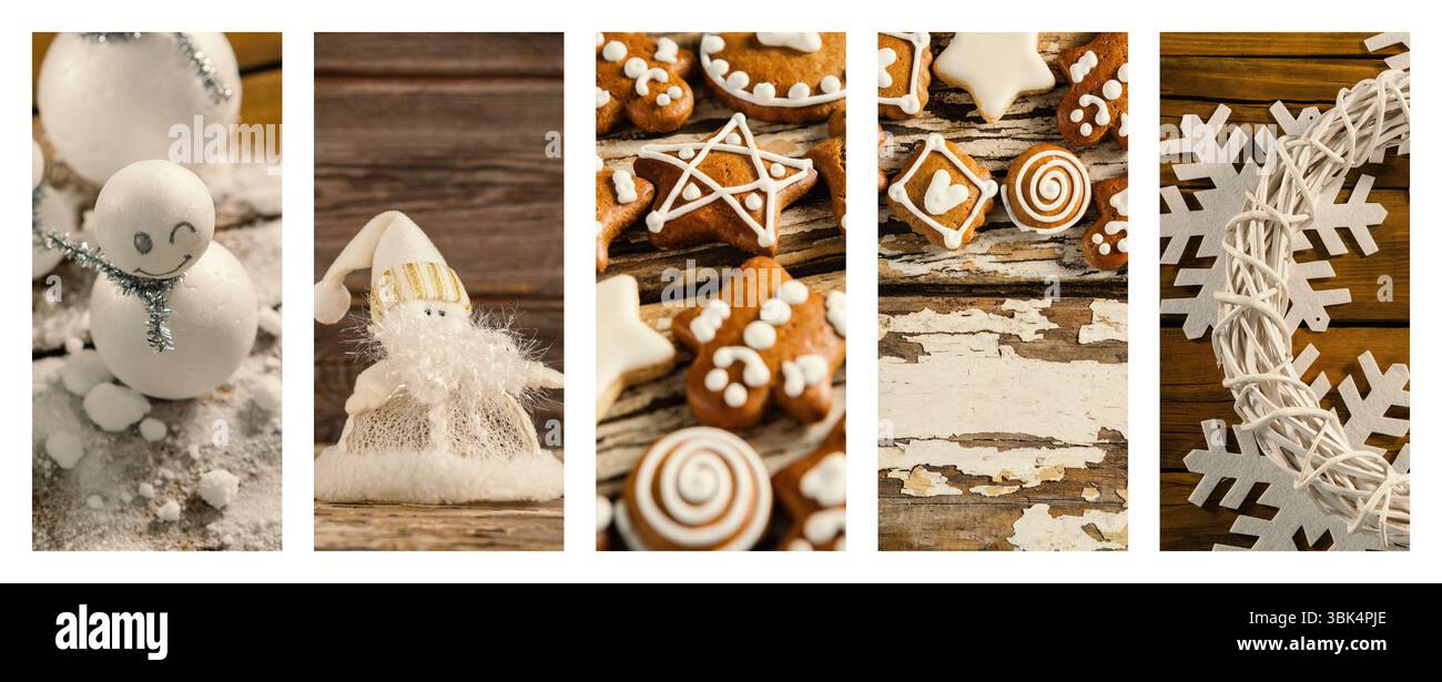 Flache Feiertagscollage entfaltet sich auf rustikalen Holzpaneelen mit Schneemännern, Zwergen, Keksen und Kranz Stockfoto