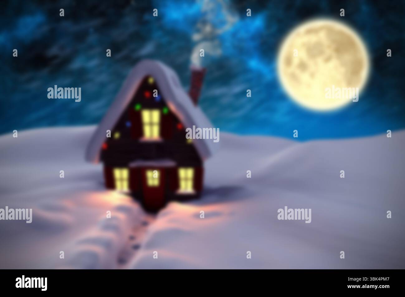 Die Holzhütte leuchtet mit warmen Fenstern in flachem Design, mit verschneiten Wanderwegen und Vollmond Stockfoto