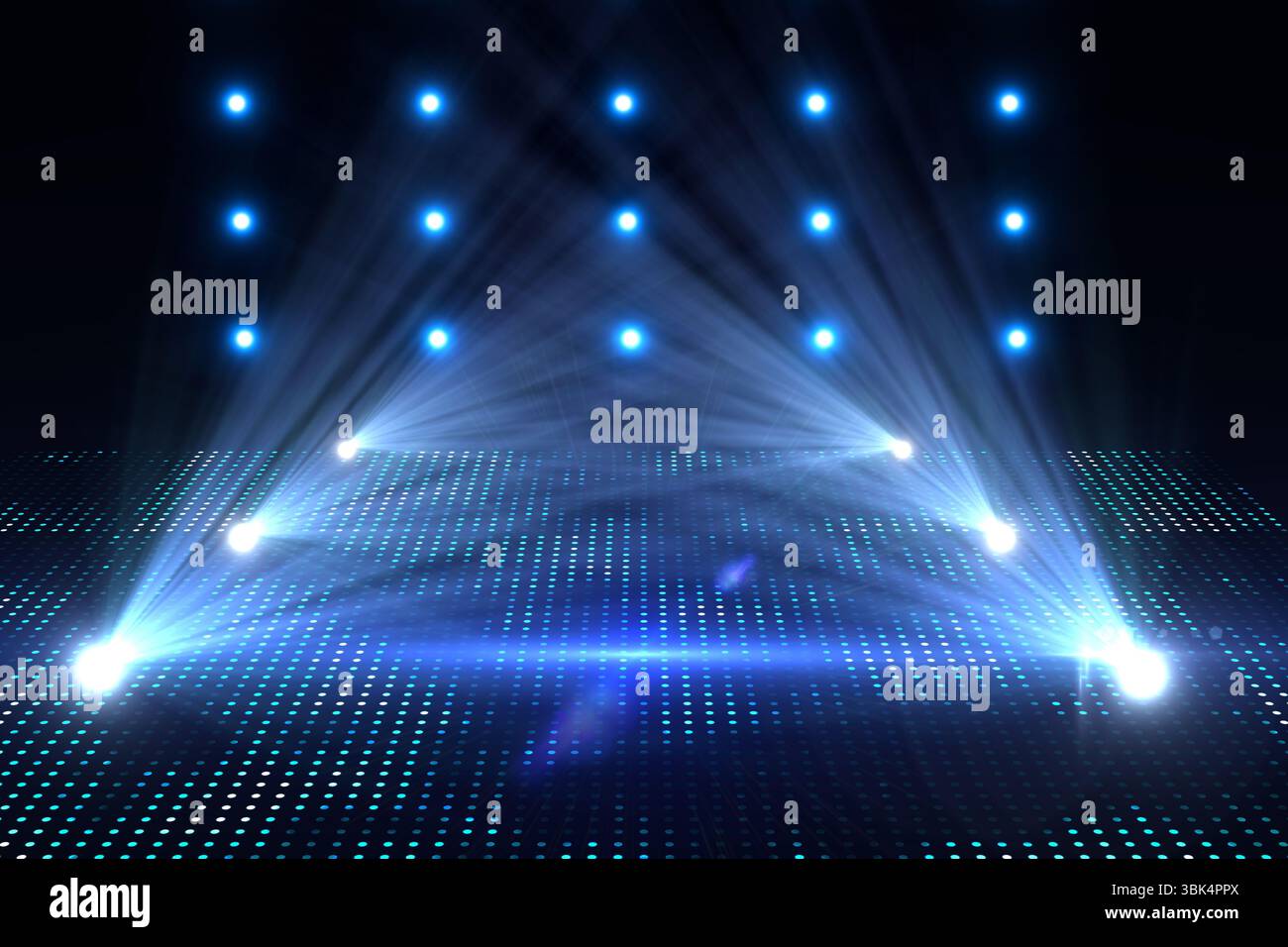 High-Tech-LED-Boden mit Gittermuster leuchtet unter sechs blau-weißen Spots auf der dunklen Bühne Stockfoto