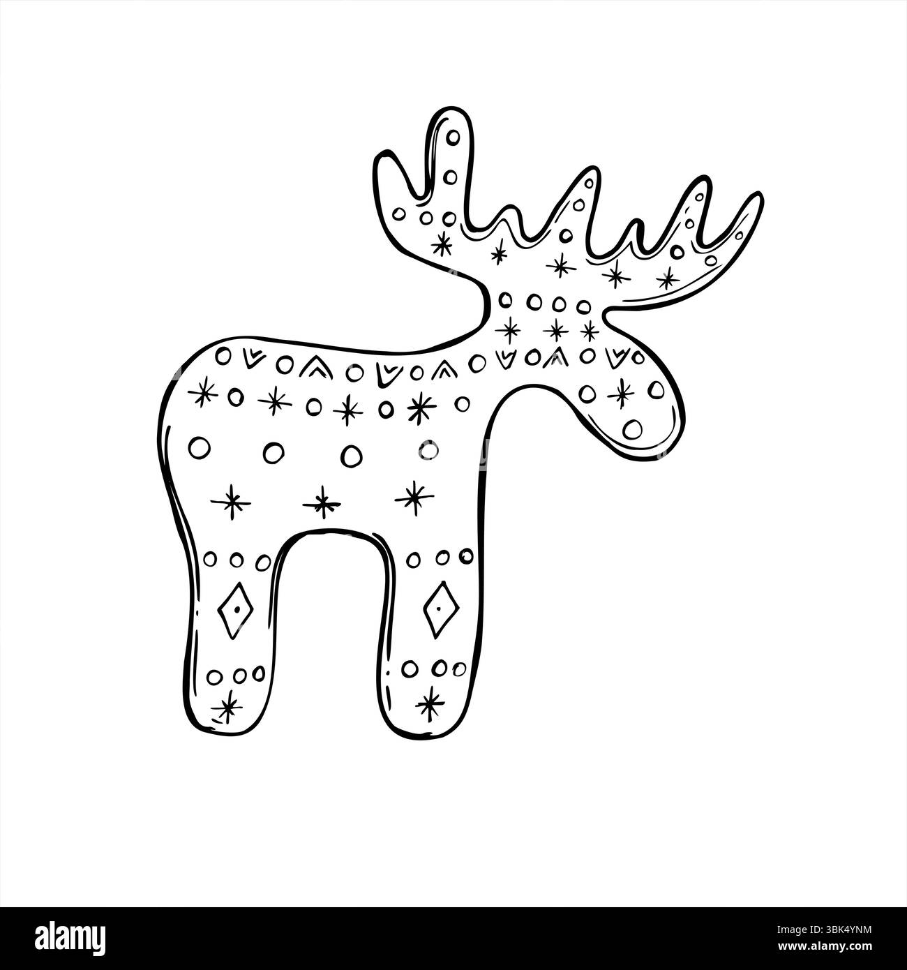 Skandinavischer Stil hölzerne Elchfigur mit traditionellen nordischen Mustern monochrome Vektor-Illustration. Grafische Skizze mit Hirschtier-Silhouette Stock Vektor