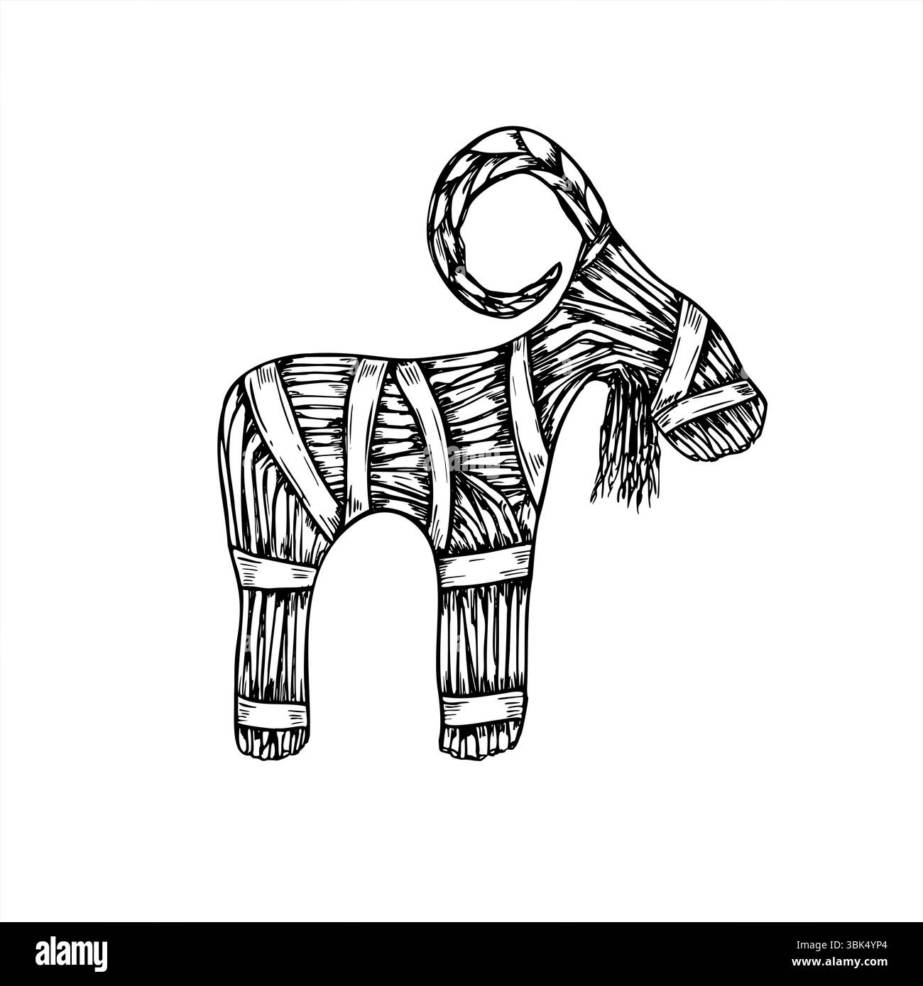Traditionelle skandinavische Yule Ziege aus Stroh mit Bändern monochrome Vektor Illustration. Julbock Zeilengrafik in schwarzer Tinte für Weihnachtsdekoration Stock Vektor