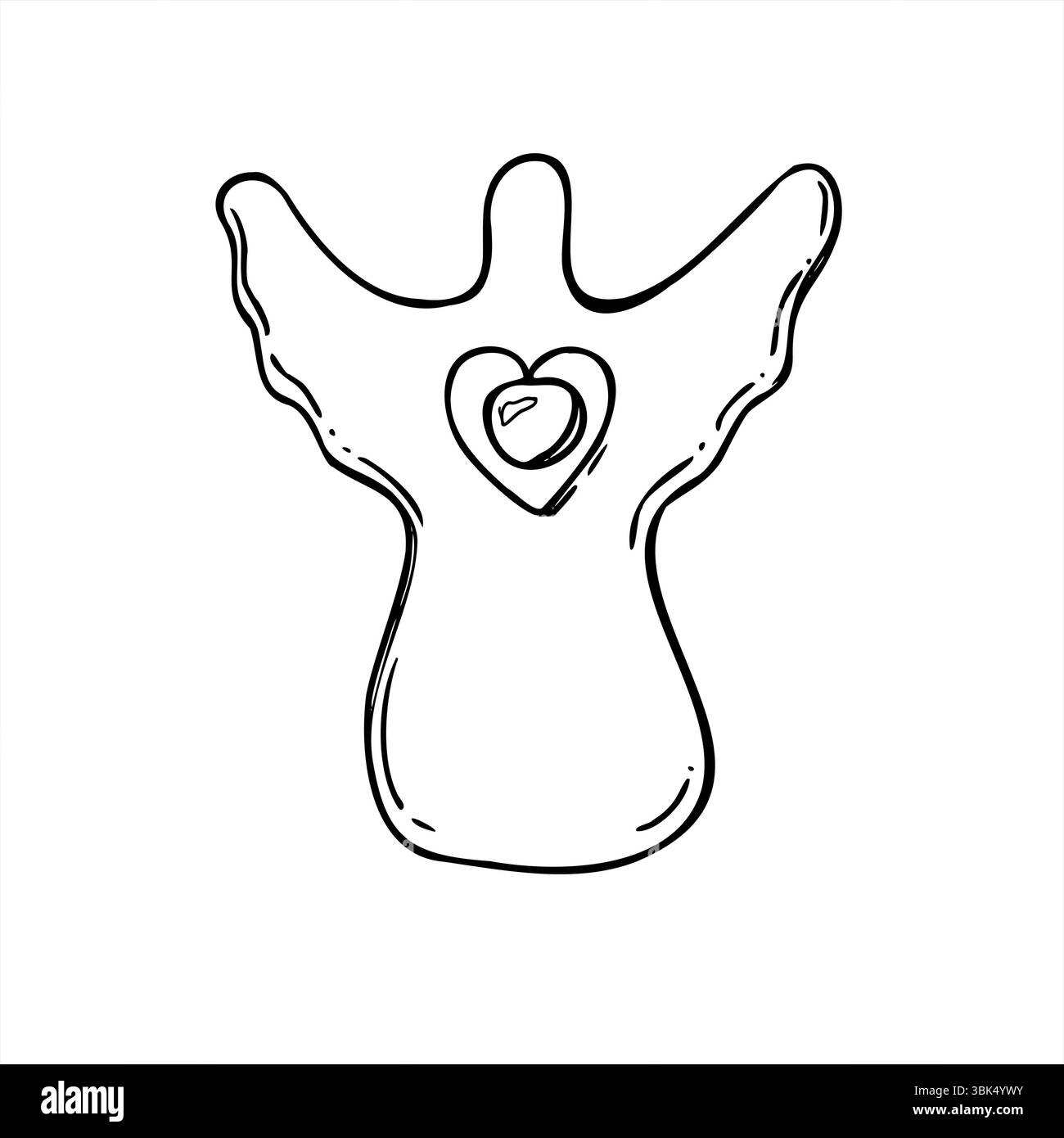 Handgefertigte Weihnachtsengel-Puppe mit zentraler Glocke schwarz-weiß Vektor-Illustration. Traditionelle Weihnachtsskizze mit Holzelementen zur Dekoration Stock Vektor