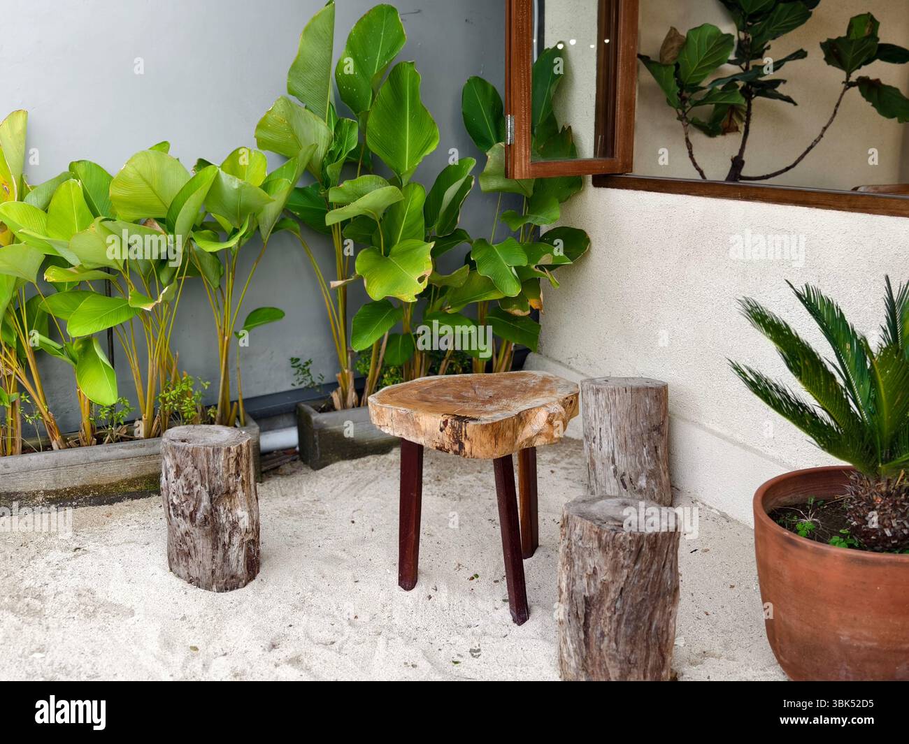 Ein minimalistischer Sitzbereich im Freien mit einem Holztisch aus Naturholz und Baumstümpfen auf weißem Sand Stockfoto