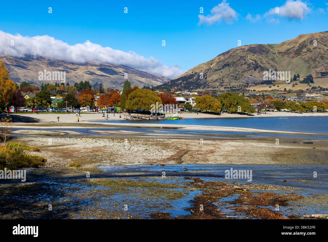 Lake Wanaka, Otago, Südinsel, Neuseeland, Blick über Roys Bay bis ins Stadtzentrum von Wanaka und Blick auf die Landschaft im Herbst Stockfoto