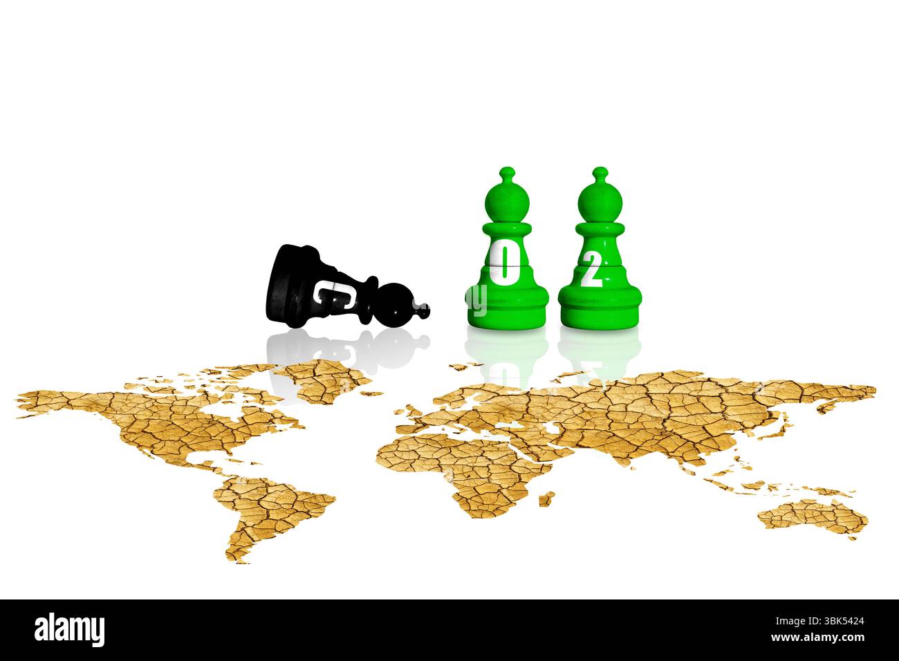 Schach aus CO2-Zeichen. Wind und Sonne sind eine alternative Energiequelle. Umweltfreundliche und saubere Energie ohne CO2-Emissionen Stockfoto