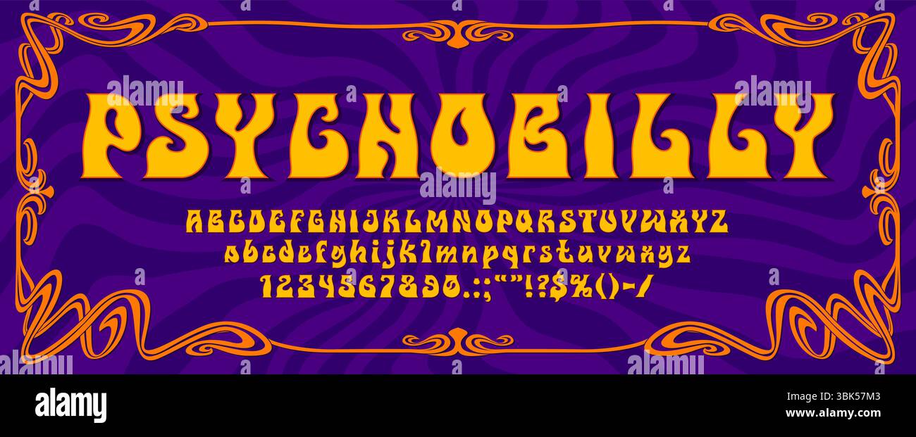 Psychedelische trippige Schriftzeichen, funky Hippie-Typ, Retro-groovige Schriftart, Vintage-abc-Alphabet im wirbelnden Rahmen. Vektortypografie funky bold font, Retro groovige psychedelische englische abc Buchstaben Typ Stock Vektor