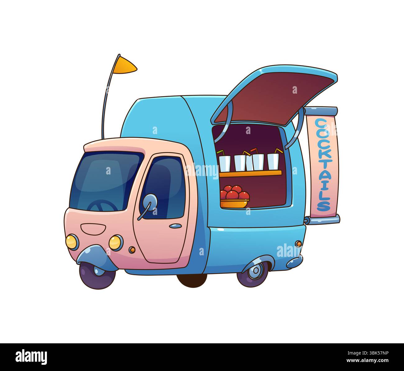Food Truck Auto mit Cocktails oder Street Food Van des mobilen Cafés, Vektor-Cartoon Kiosk. Street Food Truck oder Stand mit Cocktailgetränken und Getränken, Fast Food-Lieferwagen oder Truck-Wagen für den Festival-Markt Stock Vektor
