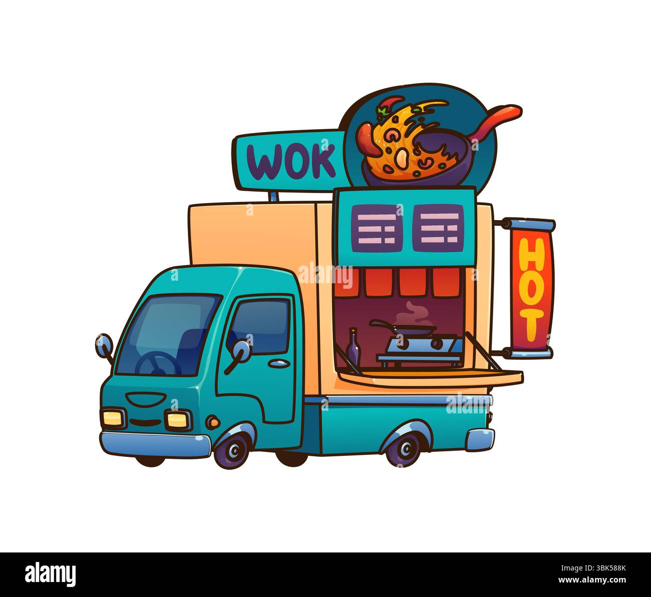 Cartoon Wok Food Truck Car, Festival Street Foodtruck Van, Vintage Festival Catering Mobile Stand mit riesigen Nudelschachteln zum Mitnehmen mit Essstäbchen oben. Das Vector Retro Café bietet asiatische Küche Stock Vektor