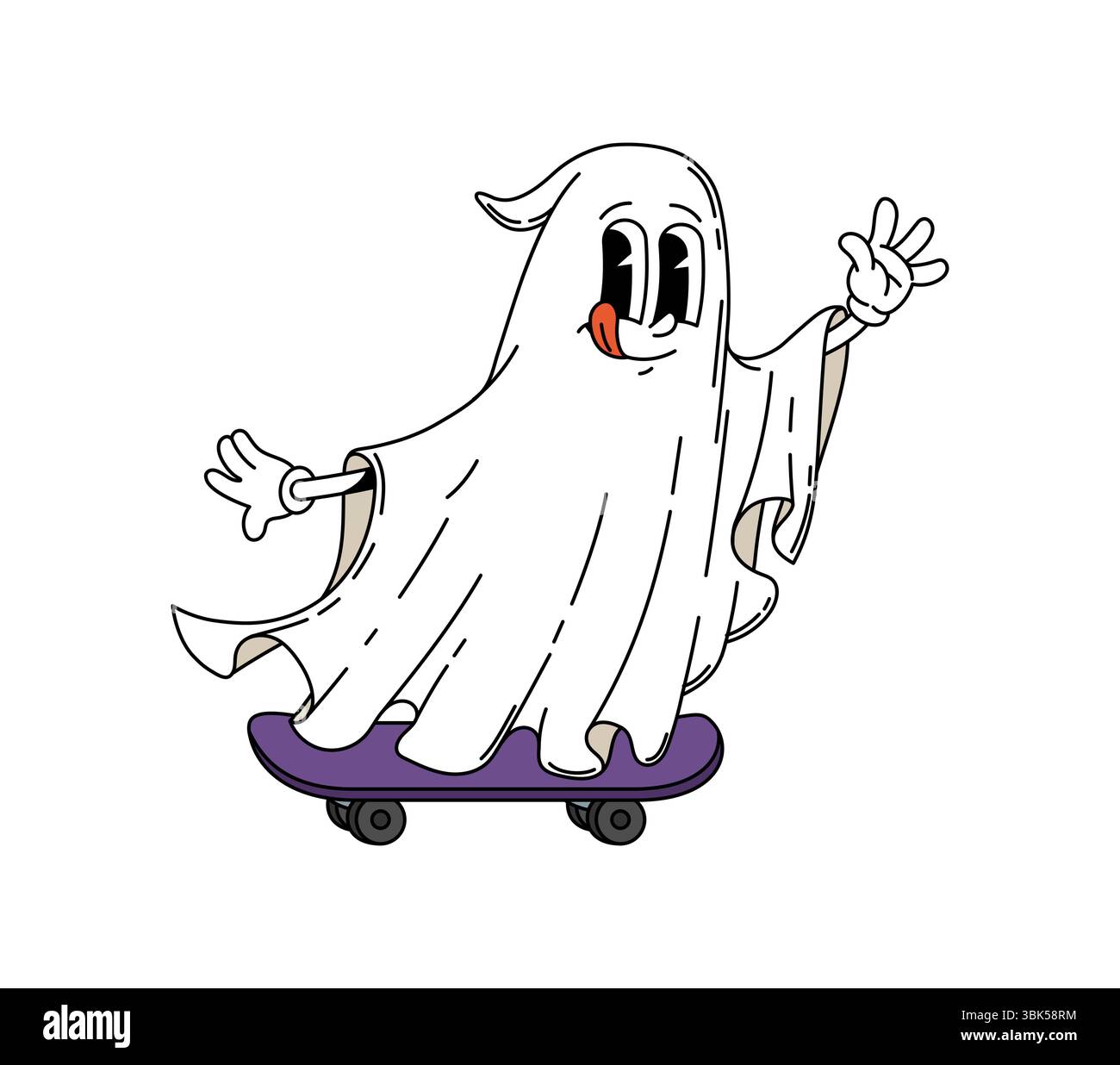 Cartoon-groovige Halloween-Geisterfigur, die auf einem Skateboard fährt und einen fröhlichen Ausdruck mit der Zunge zeigt. Isolierte Vektorschelmische und grinsende Spook- oder Phantom-Retro-y2k-Persönlichkeit Stock Vektor