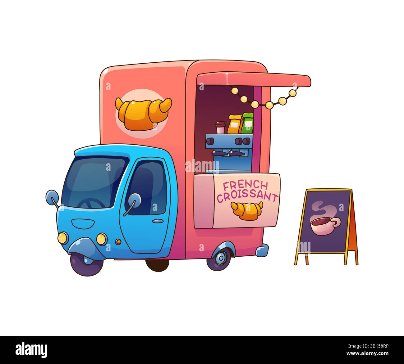 Food Truck Car mit französischen Croissants und Kaffee, Festival Street Foodtruck Van mit Kaffeemaschine und Beschilderung. Cartoon Vector Mobile Café Fahrzeug bietet Frühstück und frisch gebackenes Gebäck Stock Vektor