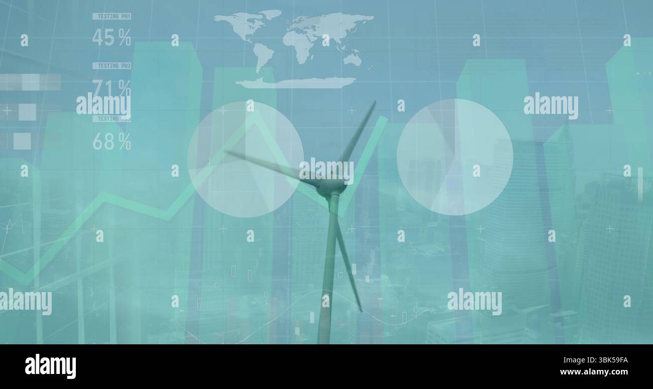Anzeige der dreiblättrigen Windkraftanlage gegenüber der Skyline der Stadt, Überlagerung von Datendiagrammen und Prozentbezeichnungen Stockfoto