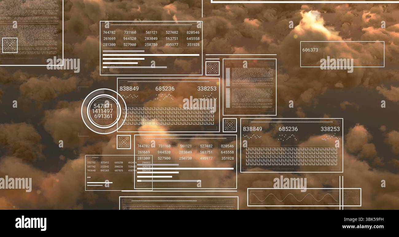 Schwebende, durchscheinende Panels, die über Wolken schweben, mit numerischen Feldern, Balkendiagrammen und Kreisdiagrammen Stockfoto