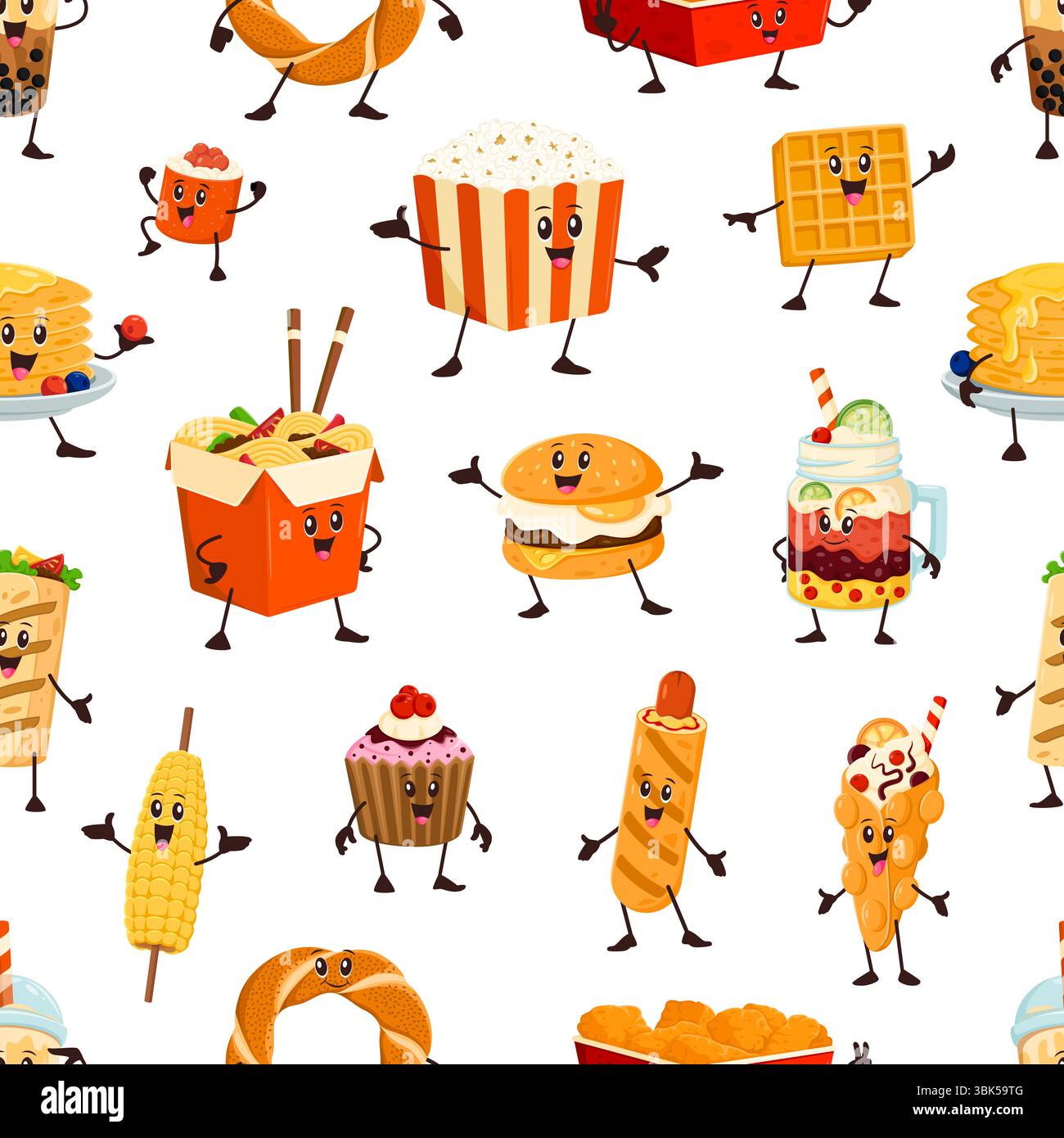 Cartoon lustige Fast Food Charaktere nahtloses Muster. Vektor-verspielter Fliesenhintergrund mit süßem fröhlichem Burger, Popcorn, Waffeln, Nudeln, Cupcake und Getränken mit lächelnden Gesichtern. Lustiger Druck oder Hintergrundbild Stock Vektor