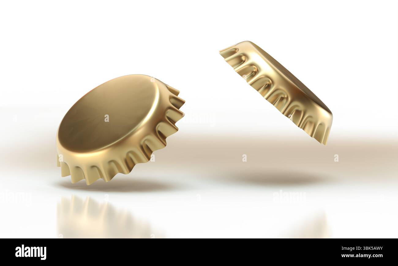 Zwei goldene Flaschenverschlüsse 3D weißer Hintergrund Stockfoto