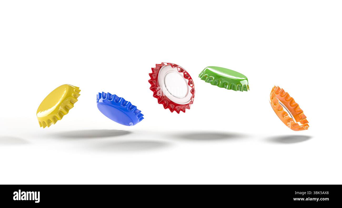 Bunte Flaschenverschlüsse fallen auf weißen Hintergrund 3d Stockfoto
