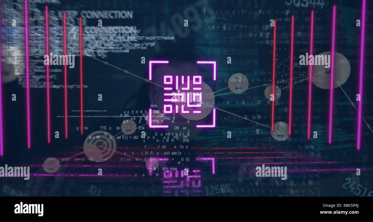 Pulsierendes, magentafarbenes QR-ähnliches Codesymbol, das über das Netzwerk bewegt und magentafarbene Balken und Datenknoten anzeigt Stockfoto