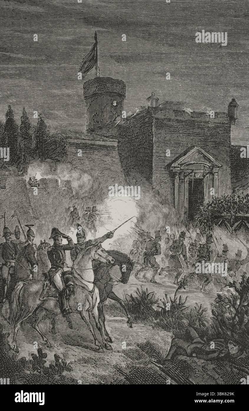 Geschichte Spaniens. Erster Karlistenkrieg (1833–1840). Take of Morella (18. Bis 30. Mai 1840). General Espartero während des letzten Sturms der Stadt, um alle karlistischen Soldaten gefangen zu nehmen, angeführt von General Ramon Cabrera. Untergang der Brücke in der Nacht vom 29. Mai 1840. Gravur von Gomez. "Espartero: su vida militar, politica, descriptiva y anecdotica" (Espartero: Sein militärisches, politisches, deskriptives und anekdotisches Leben). Band I, 1879. Stockfoto