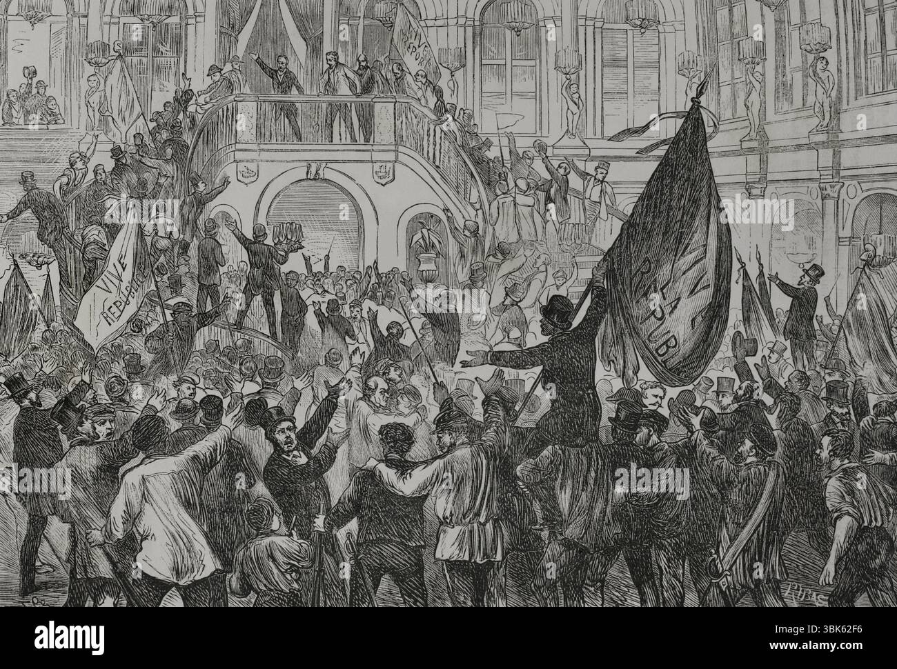 Geschichte Frankreichs. Am Sonntag, dem 4. September 1870, rief Leon Gambetta (1838–1882), Mitglied der Regierung der Nationalen Verteidigung, die Französische Dritte Republik auf dem Place de l’Hitel-de-Ville in Paris aus, nachdem das zweite Reich nach der Niederlage Sedans, der Eroberung Napoleons III. Und der Ruf des Pariser Volkes und der Republikaner gefallen war. Ausrufung der Französischen Republik in Paris. Gravur von Ribas. Historia de la Guerra de Francia y Prusia (Geschichte des Krieges zwischen Frankreich und Preußen). Band I. veröffentlicht in Barcelona, 1870. Stockfoto