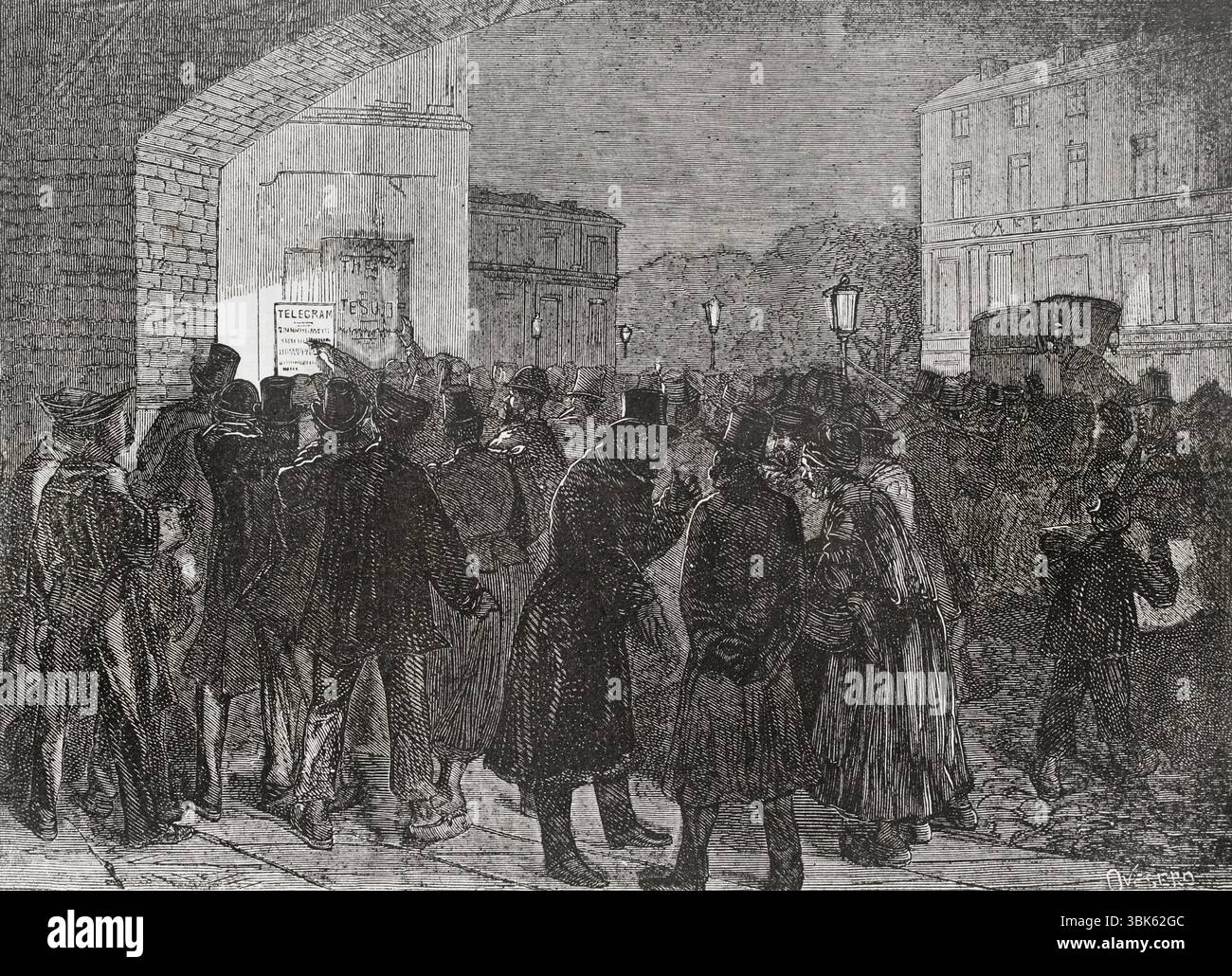 Deutsch-Französischer Krieg (1870–1871). Frankreich. Der Aspekt der Stadt Marseille beim Empfang von Telegrammen mit Nachrichten über die Katastrophen in Sedan. Gravur von Ovejero. Historia de la Guerra de Francia y Prusia (Geschichte des Krieges zwischen Frankreich und Preußen). Band I. veröffentlicht in Barcelona, 1870. Stockfoto