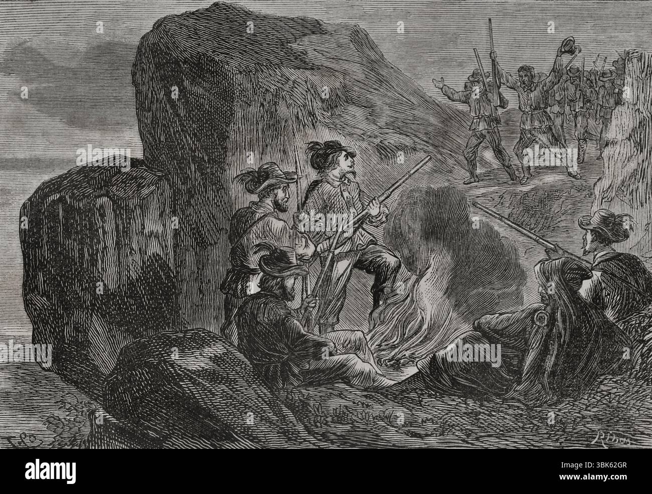 Deutsch-Französischer Krieg (1870–1871). Armee der Vogesen (Oktober 1870 bis März 1871). Freiwillige Truppen unter dem Kommando von Giuseppe Garibaldi, gebildet, um die Straße nach Lyon gegen die preußische Armee während des Deutsch-Französischen Krieges zu verteidigen. Garibaldisches Biwak in den Vogesen. Gravur von Ribas. Historia de la Guerra de Francia y Prusia (Geschichte des Krieges zwischen Frankreich und Preußen). Band I. veröffentlicht in Barcelona, 1870. Stockfoto