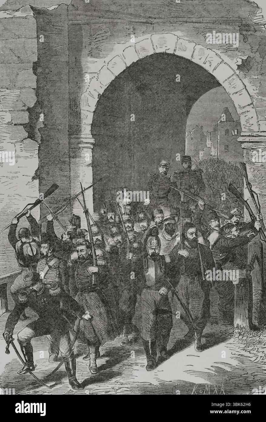 Deutsch-Französischer Krieg (1870–1871). Belagerung von Straßburg (15. August bis 28. September 1870). Am 27. September nahm General Uhrich, der die französische Garnison in der Stadt befehligte, Verhandlungen mit dem preußischen General August von Werder auf. Am nächsten Tag kapitulierte Straßburg. Die Straßburger Garnison warf ihre Waffen nach der Kapitulation. Gravur. Historia de la Guerra de Francia y Prusia (Geschichte des Krieges zwischen Frankreich und Preußen). Band I. veröffentlicht in Barcelona, 1870. Stockfoto
