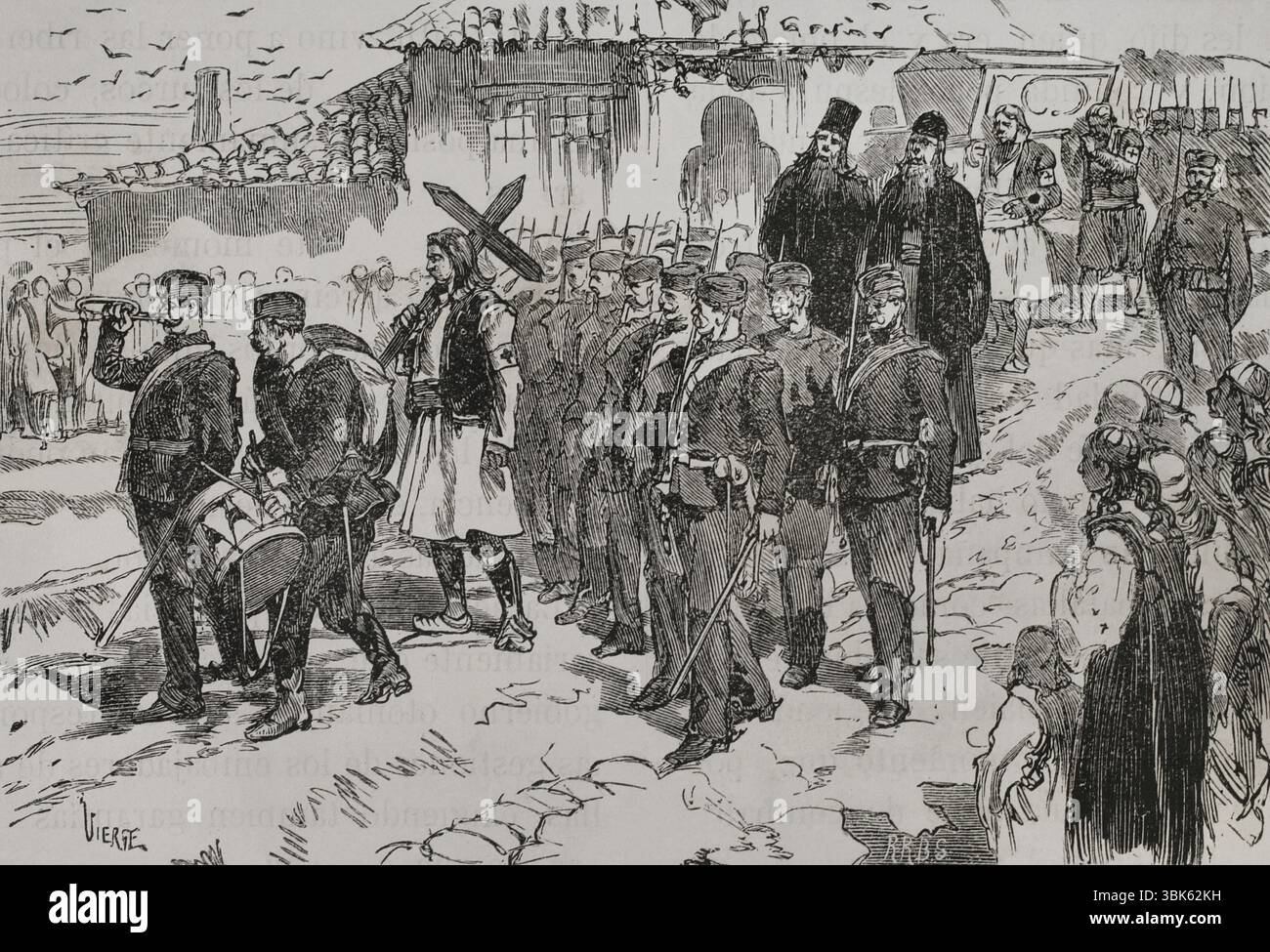 Russisch-Türkischer Krieg (1877-1878). Beerdigung eines serbischen Freiwilligen. Gravur von Vierge. "La Guerra de Oriente" (russisch-türkischer Krieg). Band I. 1877. Stockfoto