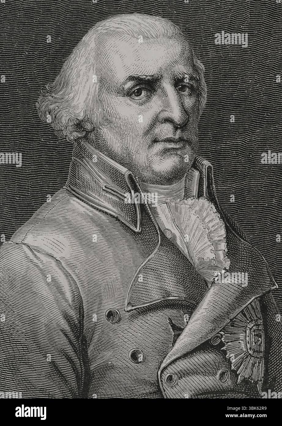 Karl Wilhelm Ferdinand von Braunschweig (1735-1806). Herzog von Braunschweig (1780-1806). Fürst des Fürstentums Braunschweig-Wolfenbuttel (Heiliges Römisches Reich). Er diente als Feldmarschall in der preußischen Armee. Hochformat. Stich von Pannemaker. "Geschichte der Französischen Revolution". Band I, 1876. Stockfoto
