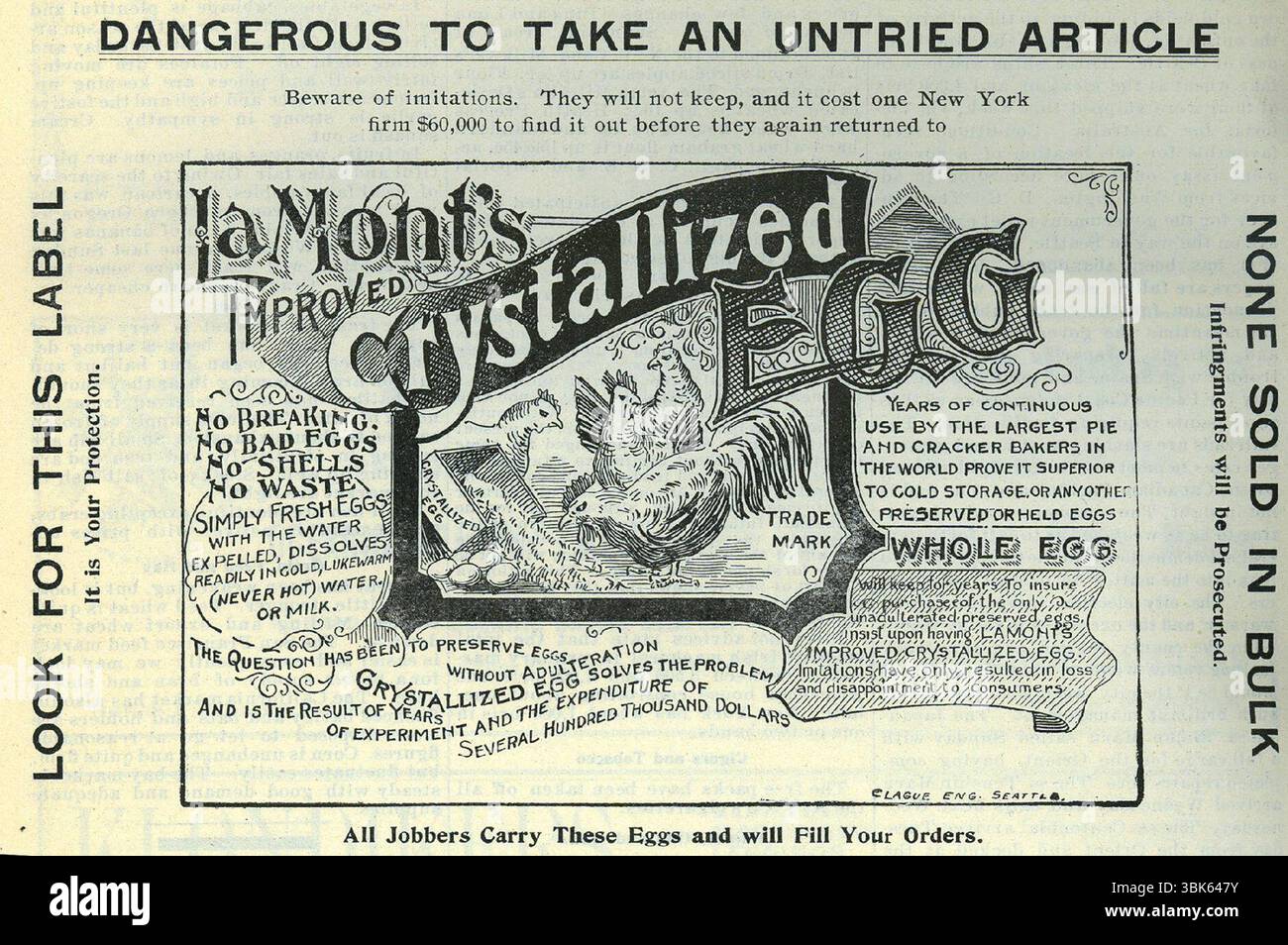1898 Lamonts kristallisierte Eier (getrocknet oder Pulver) Seattle WA Ad; Test: „Charles Fred Lamonts Unternehmen mit Sitz in St. Louis produzierte Eiersatzstoffe und zielte teilweise auf Bergleute des Alaska Gold Rush ab. 1898 lieferten die Hersteller über 100.000 Pfund kristallisierte Eier an südafrikanische Bergleute.“ Stockfoto