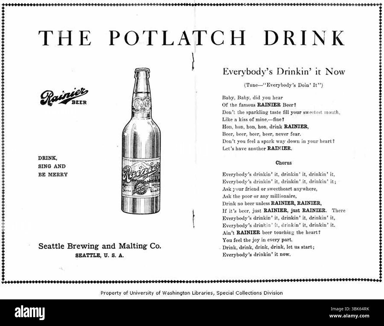 1912 Rainier Beer, die Potlatch Drink Werbung Stockfoto