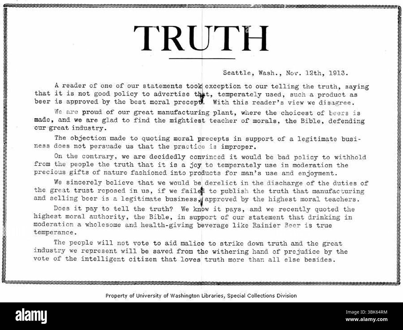 1913 Rainier Beer's Defense of Temperance Stockfoto