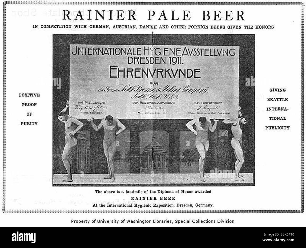 1912 Rainier Pale Beer, Seattle Brewing and Malting Company Printwerbung Stockfoto
