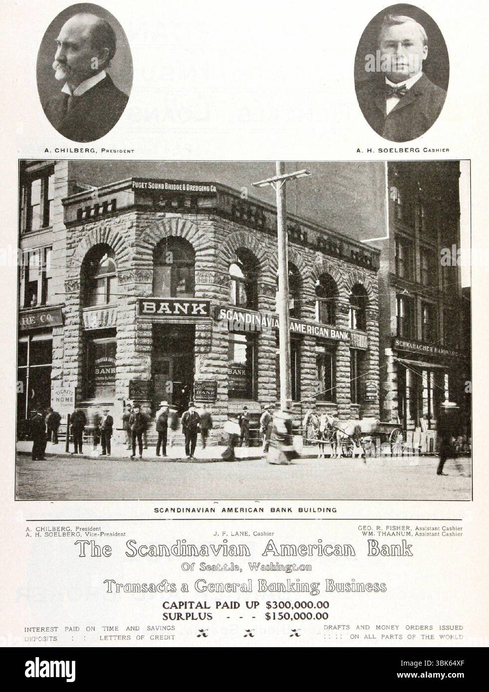 1904 Scandinavian American Bank, Anzeige Seattle WA Stockfoto