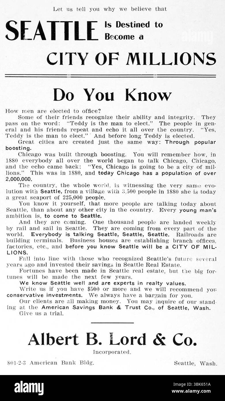 1907 American Savings Bank & Trust Seattle WA, Albert B Lord & Co, Seattle, City of Millions Printwerbung Stockfoto