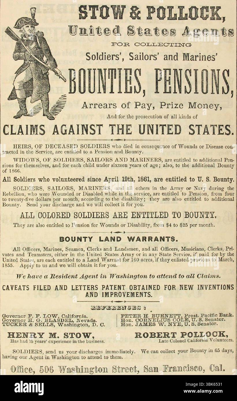 1867 Soldatenprämien und Renten-Promo. Text: "Stau & Pollock, United States Agents for Collecting Soldiers, Matroors", "Bounties, Renten, Zahlungsrückstände" und "Marines" Preisgeld und für die Verfolgung aller Ansprüche gegen die Vereinigten Staaten. Erben verstorbener Soldaten, die infolge von Wunden einer Krankheit im Dienst gestorben sind, haben Anspruch auf Rente und Kopfgeld...alle Soldaten, die sich seit dem 19. April 1861 freiwillig gemeldet haben, haben Anspruch auf US-Kopfgeld...alle farbigen Soldaten haben Anspruch auf Kopfgeld. Sie haben auch Anspruch auf Rente für Wunden oder Invalidität, von 4 bis 25 $ pro Monat Stockfoto