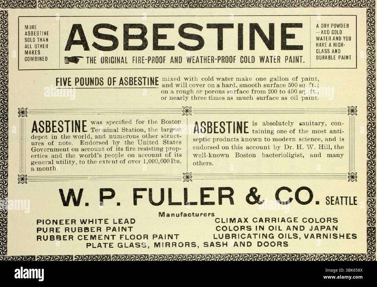 1904 Asbestine Printwerbung; Text ' die Original Feuer- und witterungsbeständige Kaltwasserfarbe. Ein trockenes Pulver – Fügen Sie kaltes Wasser hinzu und Sie haben eine hochwertige und langlebige Farbe...Asbestine ist absolut hygienisch, enthält eines der meisten antiseptischen Produkte, die in der modernen Wissenschaft bekannt sind, und wird in diesem Zusammenhang von Dr. H.W. Hill, dem bekannten Bakteriologen, und vielen anderen unterstützt.“ Stockfoto