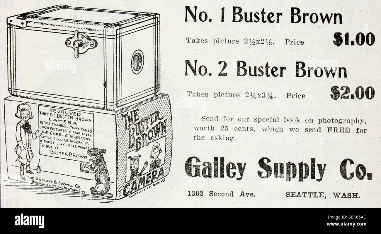 1908 Buster Brown Camera Printwerbung, Seattle WA. Ansco (Anthony & Scovill) war ein Kamerahersteller mit Sitz in Binghamton, New York. Buster Brown war eine beliebte Comicfigur, die 1902 von Richard Felton Outcault geschaffen wurde. Stockfoto
