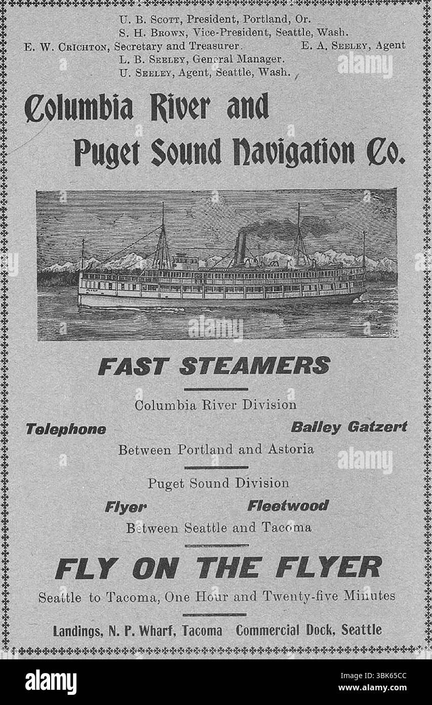 1900 Columbia River and Puget Sound Nav Co Werbung, Text: „Text: Fast Steamers. Columbia River Division: Telefon, Bailey Gatzert. Zwischen Portland und Astoria. Puget Sound Division: Flyer, Fleetwood. Zwischen Seattle und Tacoma. Fliegen Sie mit dem Flyer. Seattle nach Tacoma, eine Stunde und 25 Minuten. Stockfoto