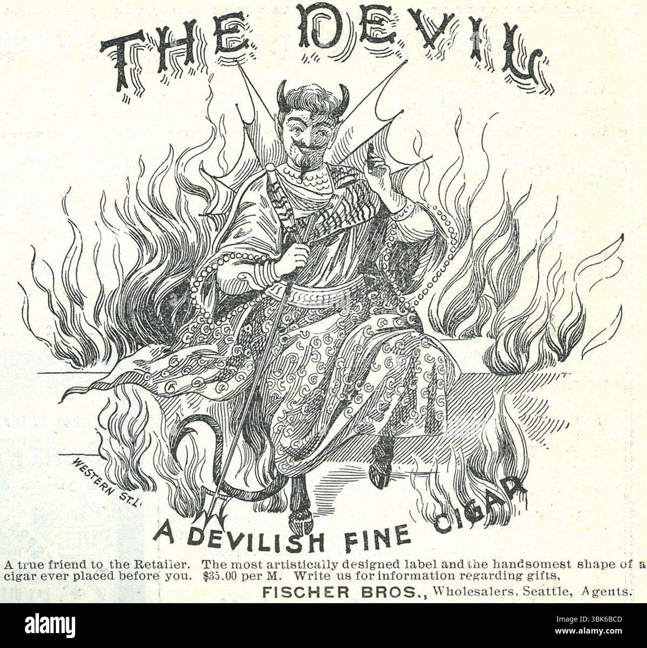1898 Devil Cigars Printwerbung, Text: 'Eine teuflische feine Zigarre. Ein echter Freund des Händlers. Das kunstvoll gestaltete Etikett und die schönste Form einer Zigarre, die je vor Ihnen platziert wurde. $35,00 per M. Schreiben Sie uns, um Informationen zu Geschenken zu erhalten... Fischer Bros.' Stockfoto 1898 Devil Cigars Printwerbung, Text: 'Eine teuflische feine Zigarre. Ein echter Freund des Händlers. Das kunstvoll gestaltete Etikett und die schönste Form einer Zigarre, die je vor Ihnen platziert wurde. $35,00 per M. Schreiben Sie uns, um Informationen zu Geschenken zu erhalten... Fischer Bros.' Stockfoto