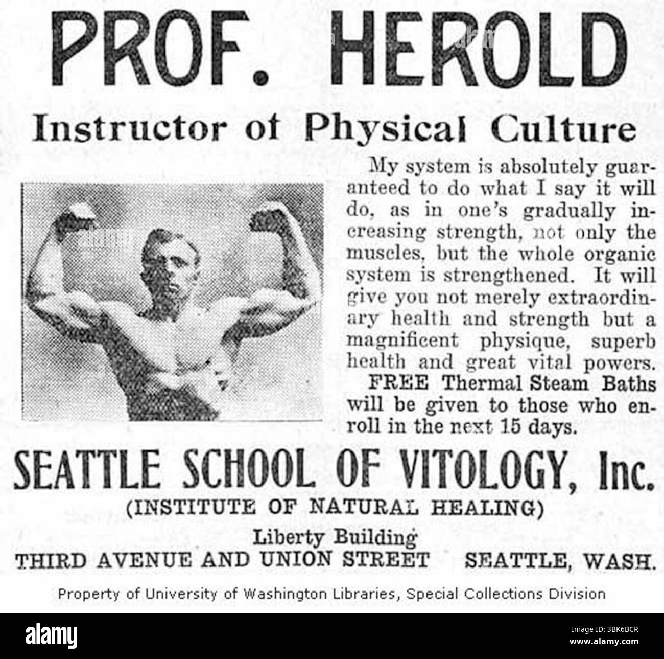 1910 Professor Herold Instructor of Physical Culture, Institute of Natural Healing Seattle School of Vitology Printwerbung Stockfoto