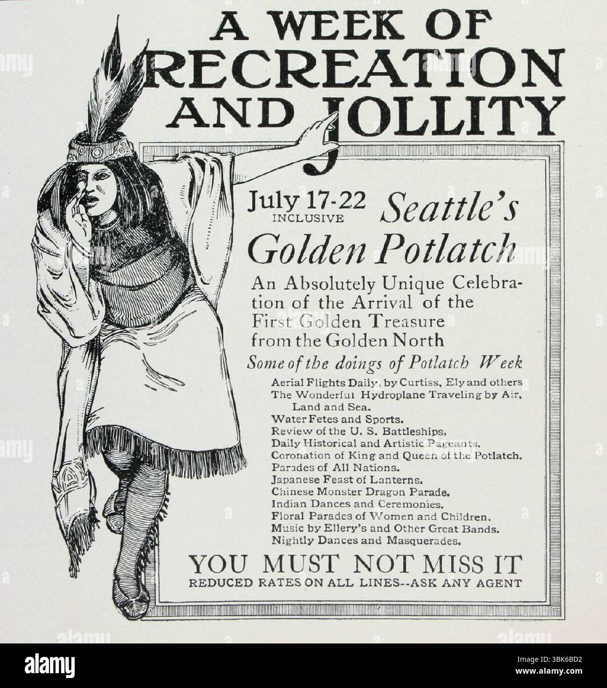1911 Seattle Golden Potlatch Printanzeige, Text: „Seattle's Golden Potlatch: An absolute Unique anlässlich der Ankunft des ersten goldenen Schatzes aus dem Goldenen Norden. Einige der Aktivitäten der Potlatch Week: Tägliche Luftflüge mit Curtiss, Ely und anderen, das wunderbare Wasserflugzeug, das auf dem Flugzeug, zu Land und zu Wasser reist, Wasserfeste und Sportarten... Chinesische Monster Dragon Parade, indische Tänze und Zeremonien, Blumenparaden von Frauen und Kindern.“ Stockfoto