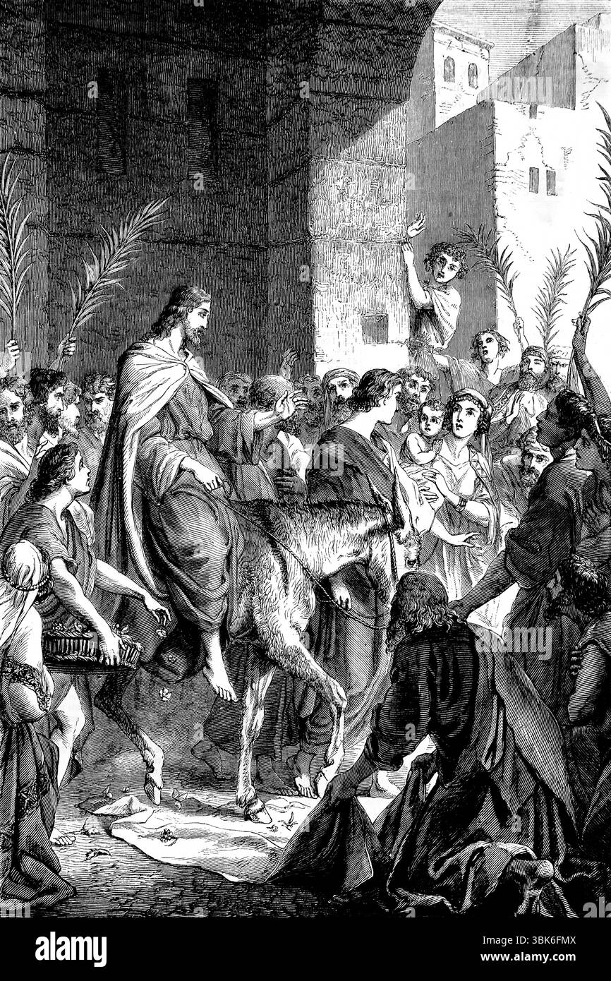 Illustration Einzug Jesu nach Jerusalem mit Anhängern, die Tücher nehmen und auf den Boden legen, damit der Esel aus dem Antike 19t auf ihm gehen kann Stockfoto