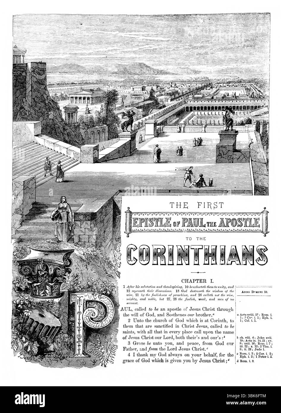 Illustration der Titelseite des ersten Briefes des Apostels Paulus an die Korinther aus dem antiken 19. Jahrhundert die Heilige Bibel mit dem Alten Stockfoto