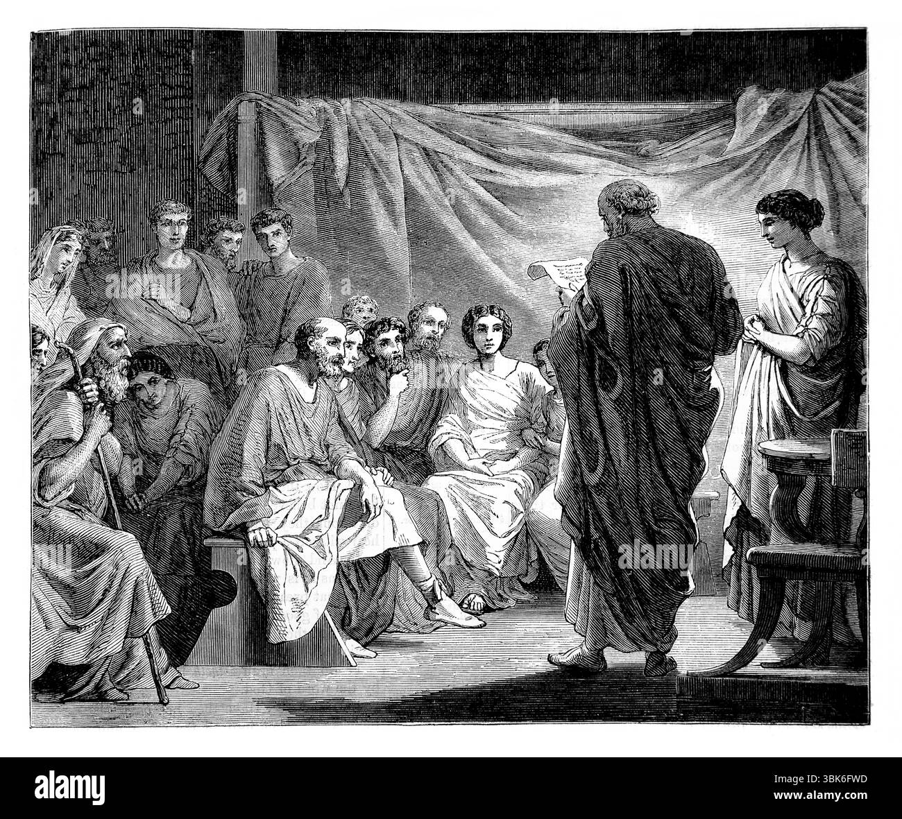 Illustration Eines Treffens der ersten Christen in Rom mit dem Brief des Paulus, der aus dem antiken 19. Jahrhundert gelesen wird, die Heilige Bibel enthält die Stockfoto