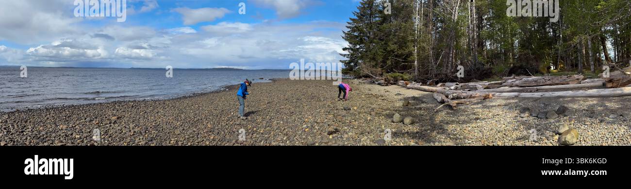 Wanderer erkunden die Küste von Masset Inlet in der Nähe von Port Clement auf Haida Gwaiii Island in British Columbia, Kanada Stockfoto