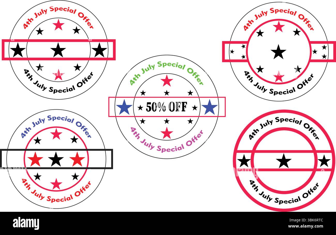 Sonderangebot für den vierten Juli: Kreisförmiges Stempelabzeichen mit Sternen und Rabattband im editierbaren Vektorformat Stock Vektor