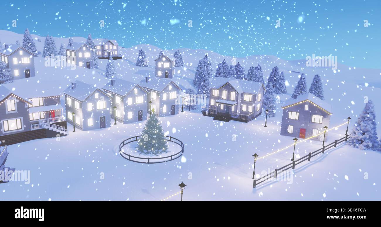 Glitzernde, schneebedeckte Häuser um den geschmückten Weihnachtsbaum am Dorfplatz mit Lichterketten Stockfoto