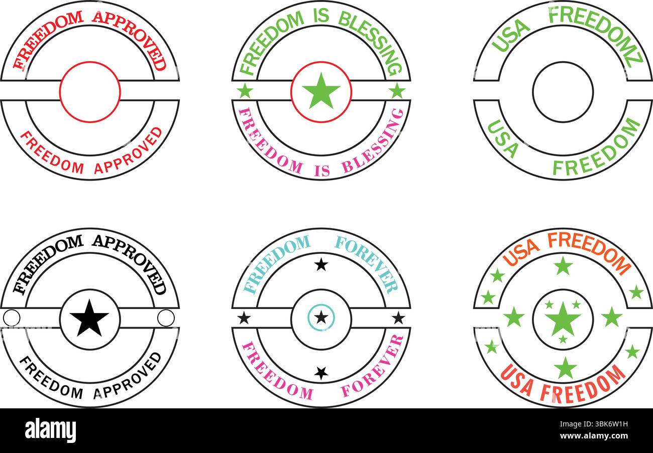 Freedom Celebration Circular Vector Badge Pack mit Starburst Center, Textbanner und bearbeitbaren Outline Style für Verkaufsposter Stock Vektor