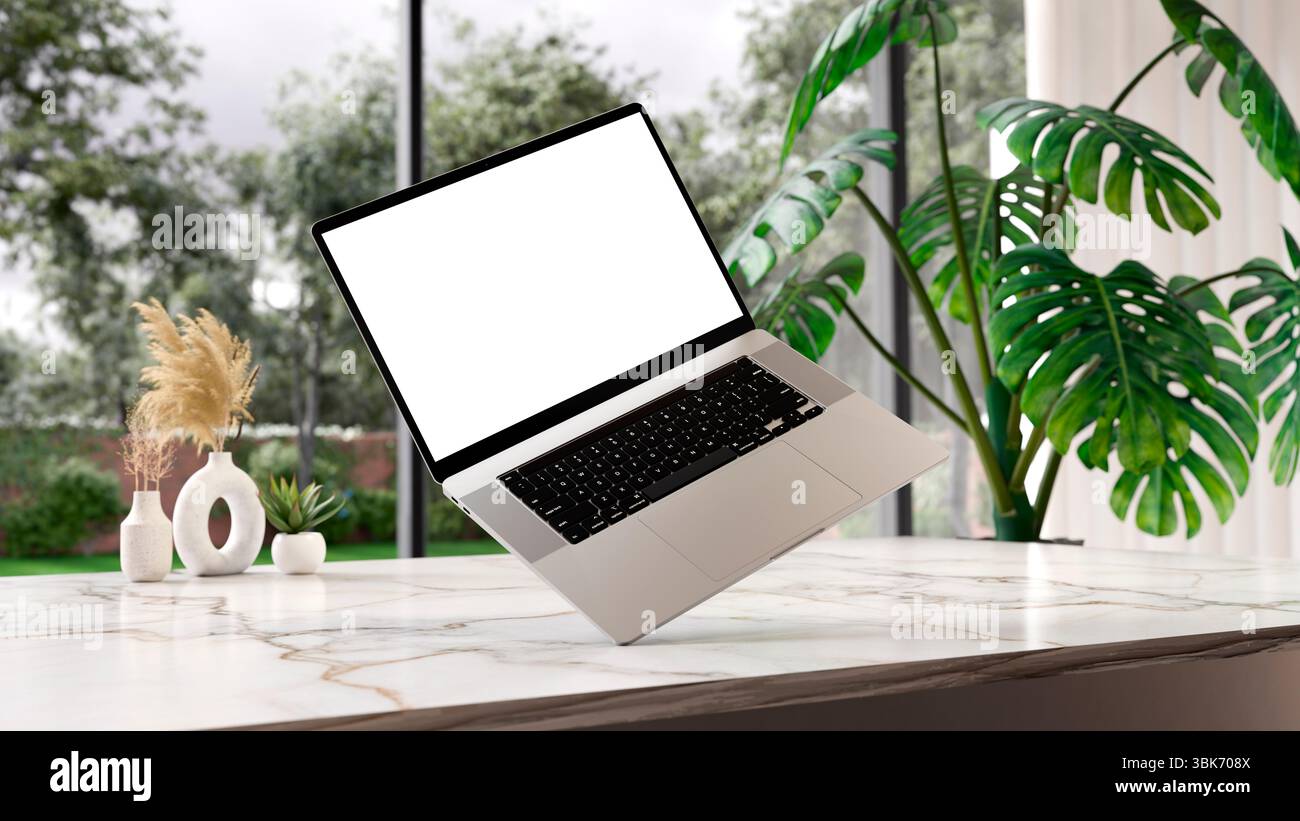 Fliegendes Notebook aus Aluminium mit leerem Bildschirm zum Platzieren Ihres Designs. Computer über einem Marmortisch im Wohnzimmer. Natur im Hintergrund. Stockfoto