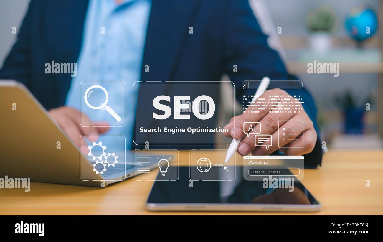 Geschäftsmann, der Tablets für die SEO-Analyse verwendet und dabei Suchmaschinenoptimierung, Website-Ranking, digitales Marketing und Online-Traffic darstellt. Internet b Stockfoto